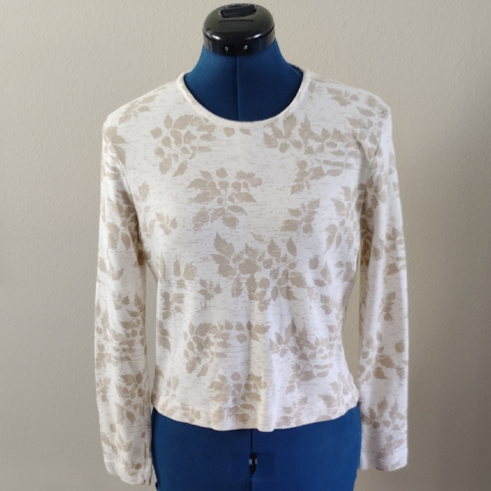 Croft & Barrow Cream and Tan Long Sleeve Leaf Top